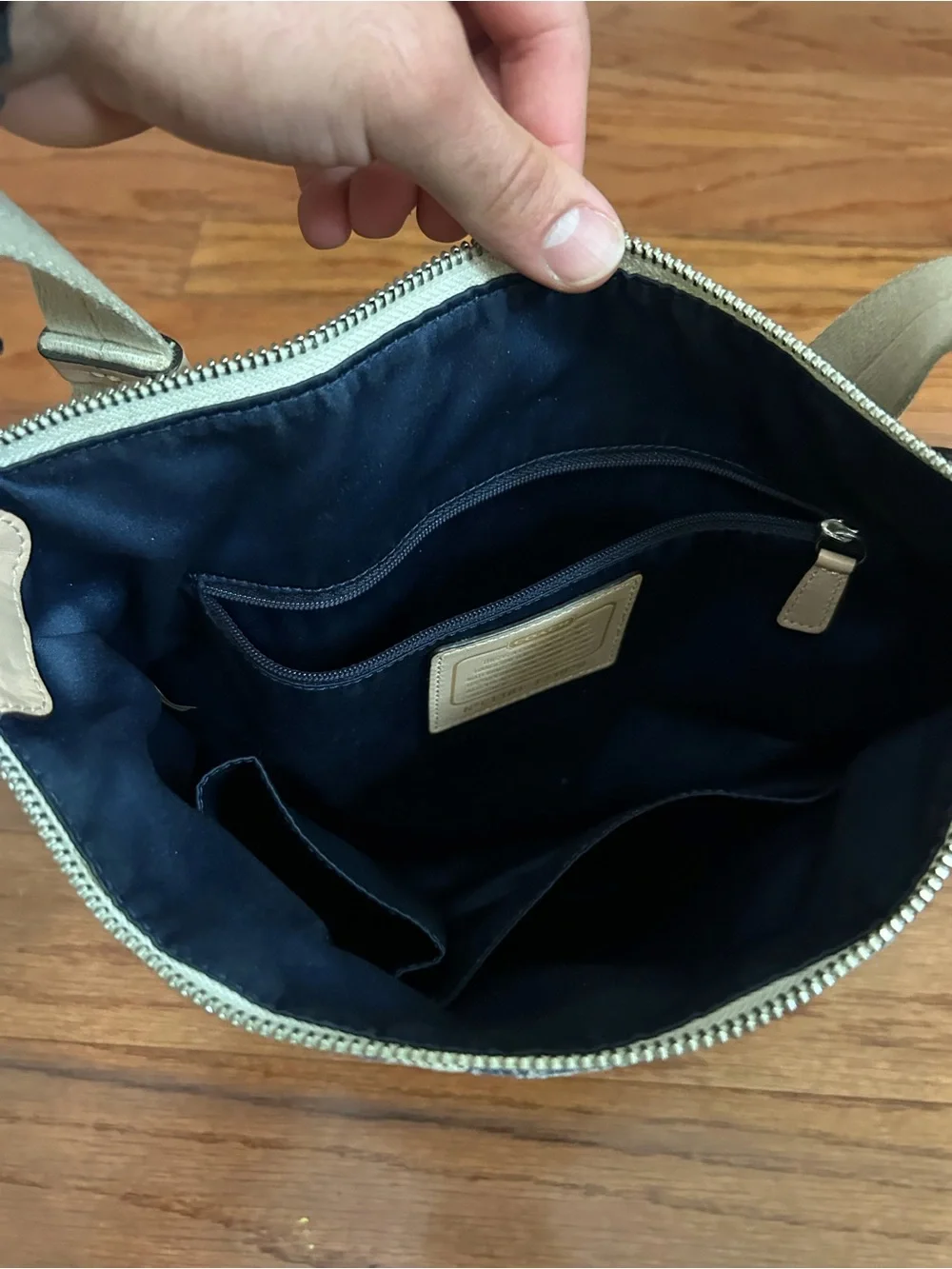 Vintage Coach Patchwork Signature Canvas Crossbody Bag Navy White Leather